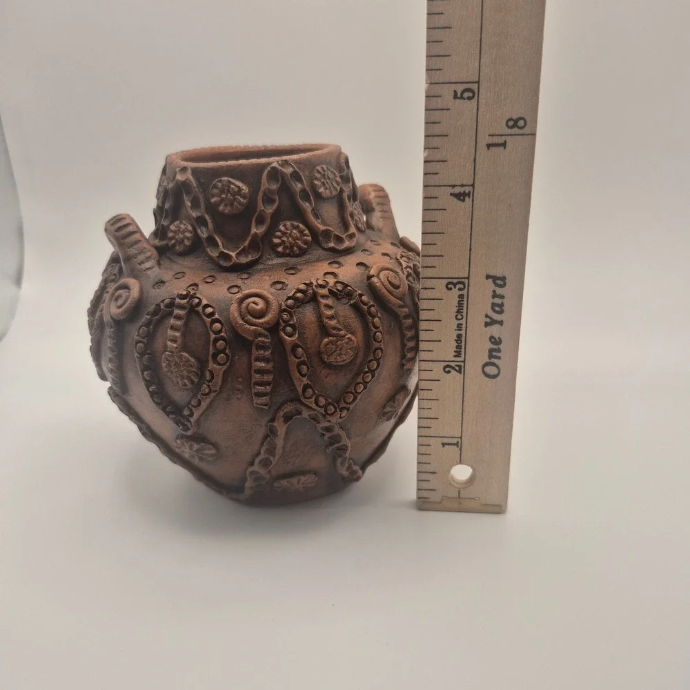 Handmade in Greece Terracotta Pottery Vase Ornate Brown Rustic Decor 4.5in